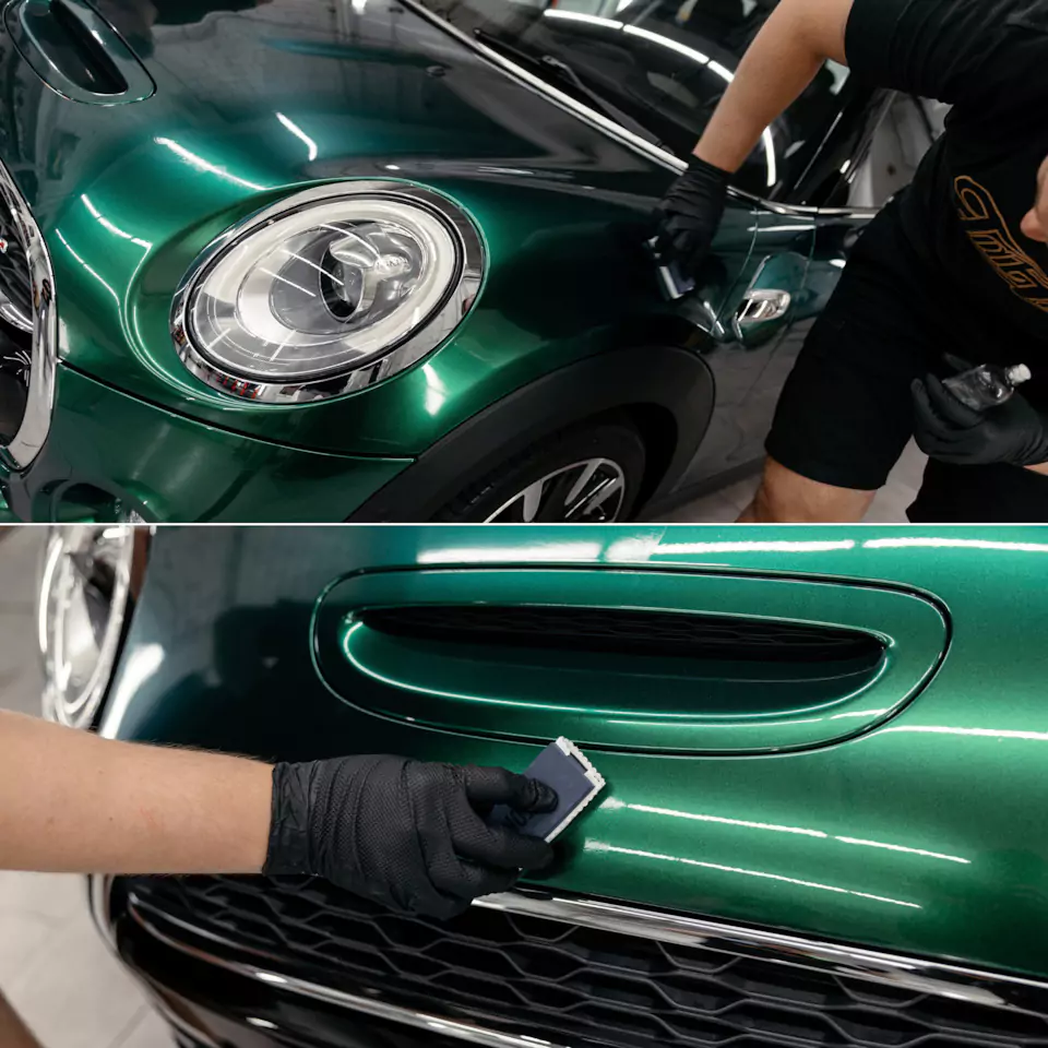 Оклеили Mini Cooper цветным полиуретаном, заменили хромированные детали, окрасили диски и суппорта, выполнили комплекс детейлинг-услуг и техническое обслуживание